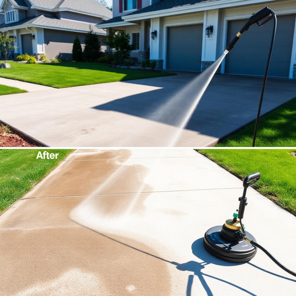 Professional pressure washing a dirty concrete driveway — grime washed away
